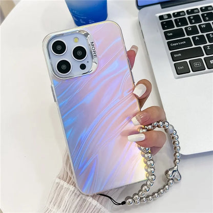 For iPhone 15 Pro Max Case PC+TPU IMD Laser Texture Matte Phone Cover with Beaded Bracelet