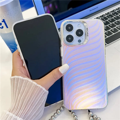 For iPhone 15 Pro Max Case PC+TPU IMD Laser Texture Matte Phone Cover with Beaded Bracelet