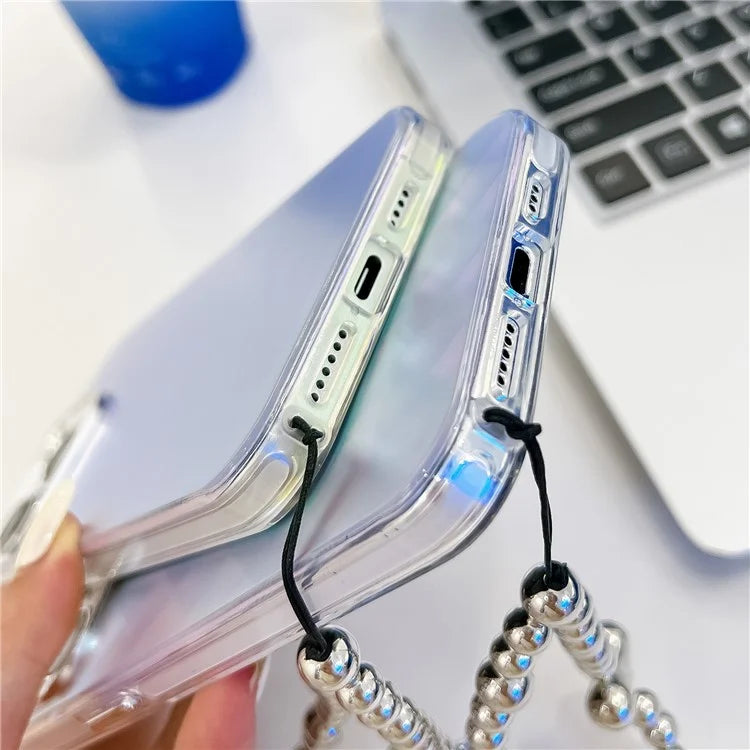 For iPhone 15 Pro Max Case PC+TPU IMD Laser Texture Matte Phone Cover with Beaded Bracelet