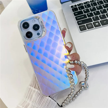 For iPhone 15 Pro Max Case PC+TPU IMD Laser Texture Matte Phone Cover with Beaded Bracelet
