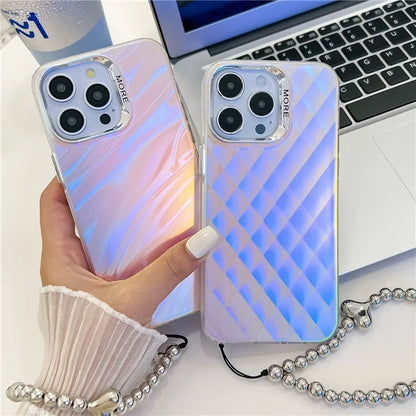 For iPhone 15 Pro Max Case PC+TPU IMD Laser Texture Matte Phone Cover with Beaded Bracelet
