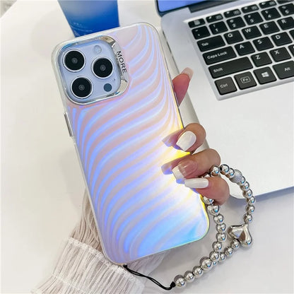 For iPhone 15 Pro Max Case PC+TPU IMD Laser Texture Matte Phone Cover with Beaded Bracelet