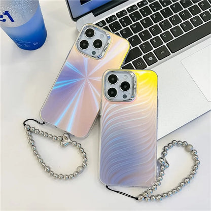 For iPhone 15 Pro Max Case PC+TPU IMD Laser Texture Matte Phone Cover with Beaded Bracelet