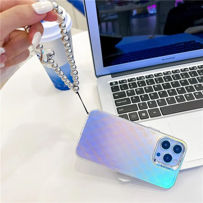 For iPhone 15 Pro Max Case PC+TPU IMD Laser Texture Matte Phone Cover with Beaded Bracelet