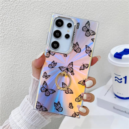 For Samsung Galaxy S22 Ultra 5G Case Ring Kickstand Butterfly Pattern Laser Texture Phone Cover