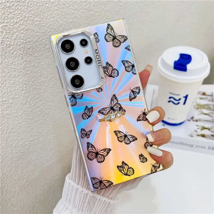 For Samsung Galaxy S22 Ultra 5G Case Ring Kickstand Butterfly Pattern Laser Texture Phone Cover