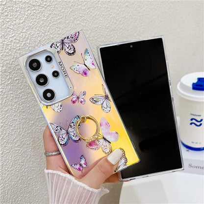 For Samsung Galaxy S22 Ultra 5G Case Ring Kickstand Butterfly Pattern Laser Texture Phone Cover