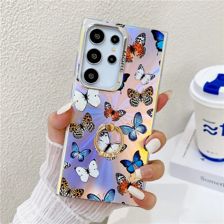 For Samsung Galaxy S22 Ultra 5G Case Ring Kickstand Butterfly Pattern Laser Texture Phone Cover