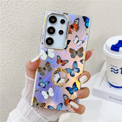 For Samsung Galaxy S22 Ultra 5G Case Ring Kickstand Butterfly Pattern Laser Texture Phone Cover