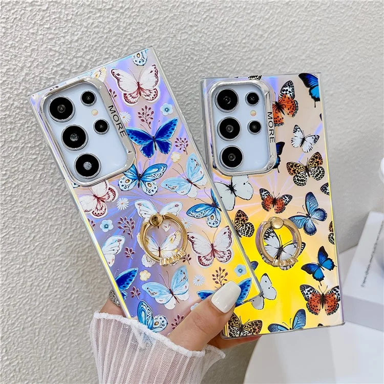 For Samsung Galaxy S22 Ultra 5G Case Ring Kickstand Butterfly Pattern Laser Texture Phone Cover