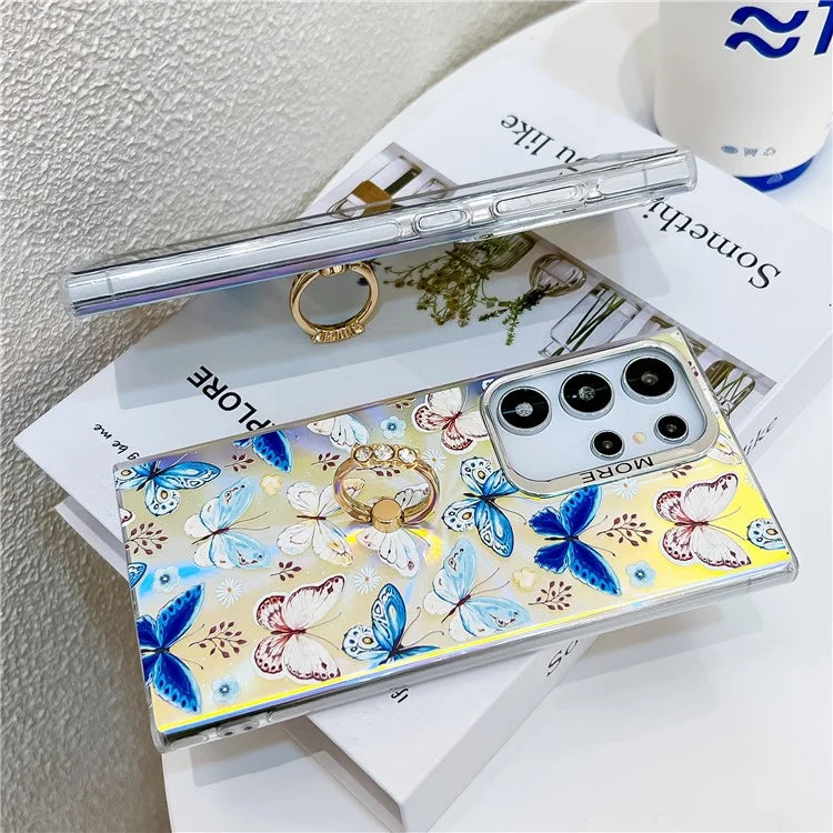For Samsung Galaxy S22 Ultra 5G Case Ring Kickstand Butterfly Pattern Laser Texture Phone Cover