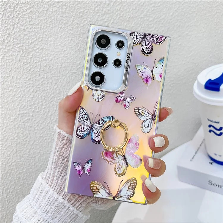 For Samsung Galaxy S22 Ultra 5G Case Ring Kickstand Butterfly Pattern Laser Texture Phone Cover