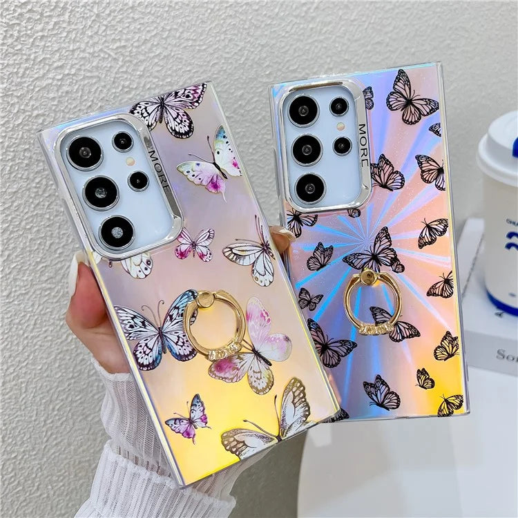 For Samsung Galaxy S22 Ultra 5G Case Ring Kickstand Butterfly Pattern Laser Texture Phone Cover
