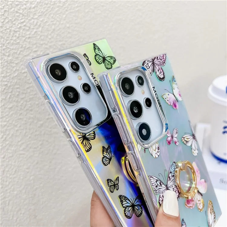 For Samsung Galaxy S22 Ultra 5G Case Ring Kickstand Butterfly Pattern Laser Texture Phone Cover