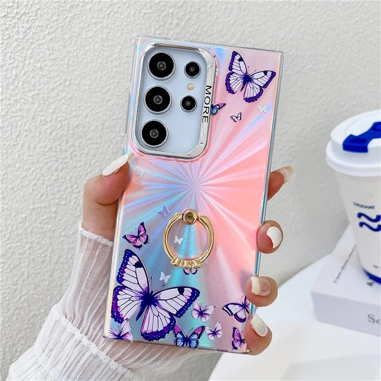 For Samsung Galaxy S22 Ultra 5G Case Ring Kickstand Butterfly Pattern Laser Texture Phone Cover