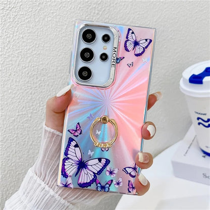 For Samsung Galaxy S22 Ultra 5G Case Ring Kickstand Butterfly Pattern Laser Texture Phone Cover