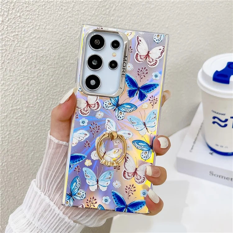 For Samsung Galaxy S22 Ultra 5G Case Ring Kickstand Butterfly Pattern Laser Texture Phone Cover