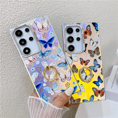 For Samsung Galaxy S22 Ultra 5G Case Ring Kickstand Butterfly Pattern Laser Texture Phone Cover