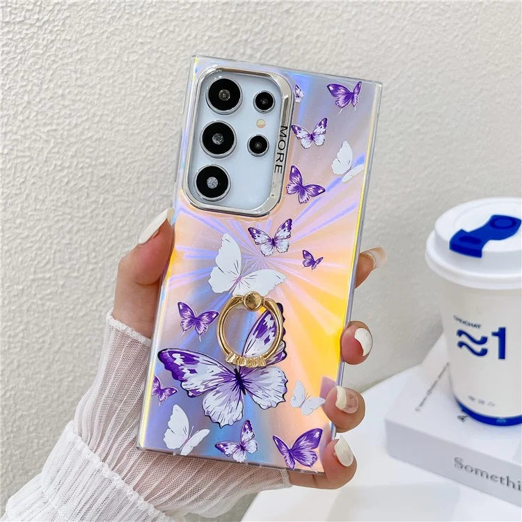 For Samsung Galaxy S22 Ultra 5G Case Ring Kickstand Butterfly Pattern Laser Texture Phone Cover