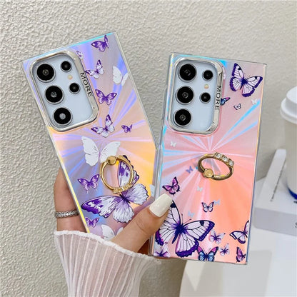 For Samsung Galaxy S22 Ultra 5G Case Ring Kickstand Butterfly Pattern Laser Texture Phone Cover