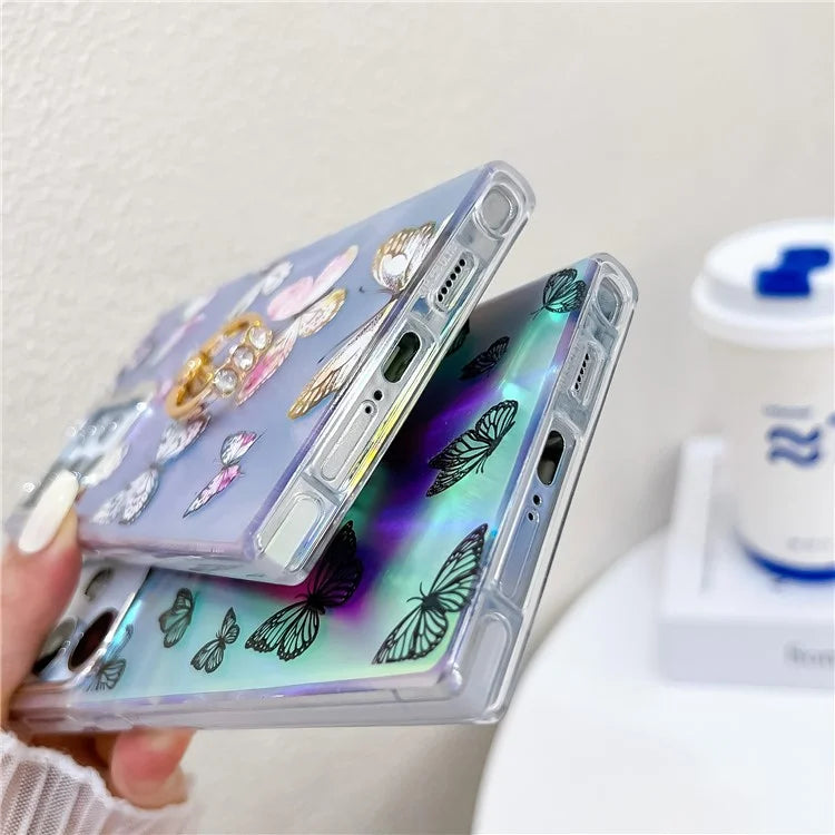 For Samsung Galaxy S22 Ultra 5G Case Ring Kickstand Butterfly Pattern Laser Texture Phone Cover