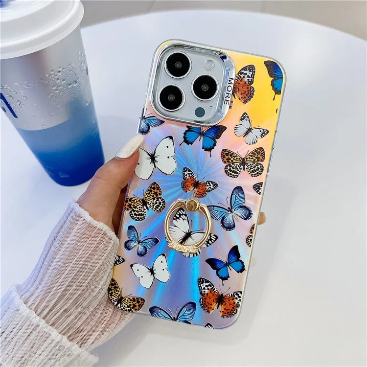 For iPhone 15 Pro Case Laser Texture Electroplating Butterfly Pattern Ring Kickstand Phone Cover