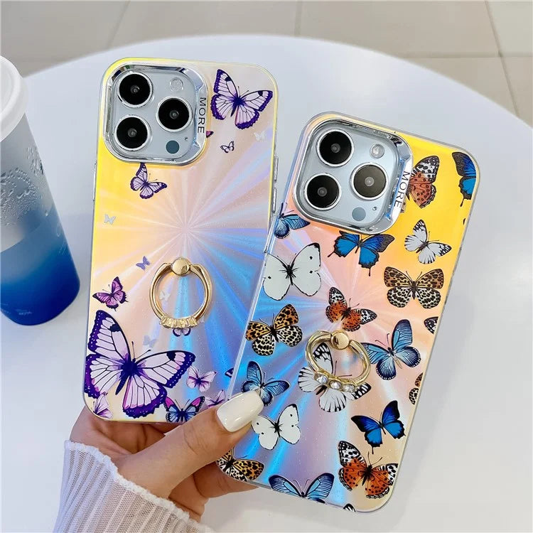 For iPhone 15 Pro Case Laser Texture Electroplating Butterfly Pattern Ring Kickstand Phone Cover