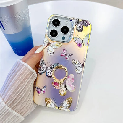 For iPhone 15 Pro Case Laser Texture Electroplating Butterfly Pattern Ring Kickstand Phone Cover