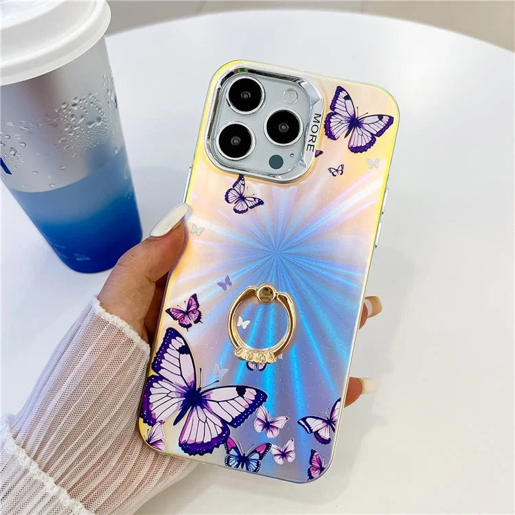 For iPhone 15 Pro Case Laser Texture Electroplating Butterfly Pattern Ring Kickstand Phone Cover