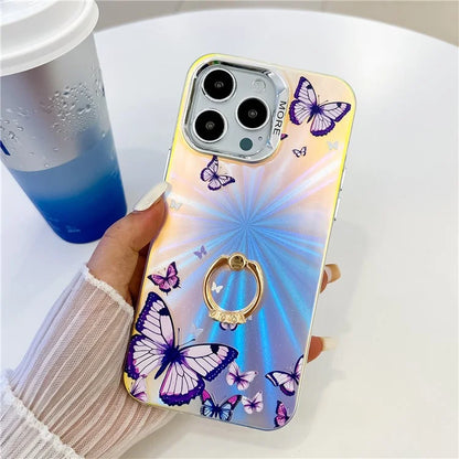 For iPhone 15 Pro Case Laser Texture Electroplating Butterfly Pattern Ring Kickstand Phone Cover