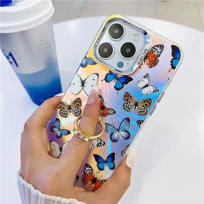 For iPhone 15 Pro Case Laser Texture Electroplating Butterfly Pattern Ring Kickstand Phone Cover