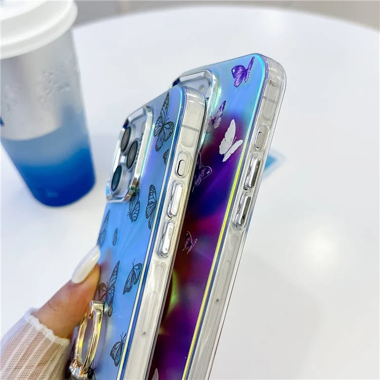 For iPhone 15 Pro Case Laser Texture Electroplating Butterfly Pattern Ring Kickstand Phone Cover