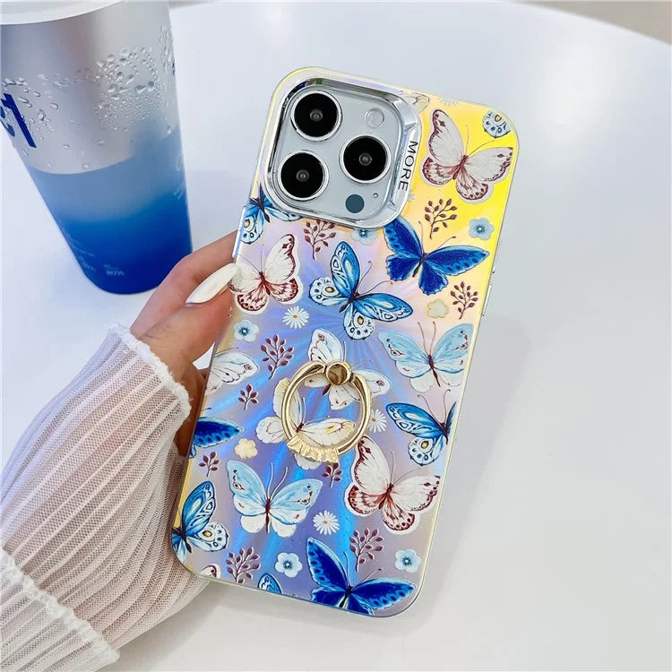 For iPhone 15 Pro Case Laser Texture Electroplating Butterfly Pattern Ring Kickstand Phone Cover