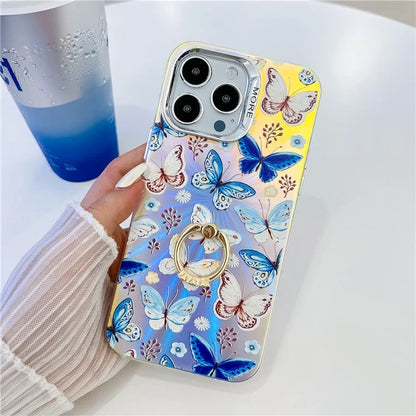 For iPhone 15 Pro Case Laser Texture Electroplating Butterfly Pattern Ring Kickstand Phone Cover