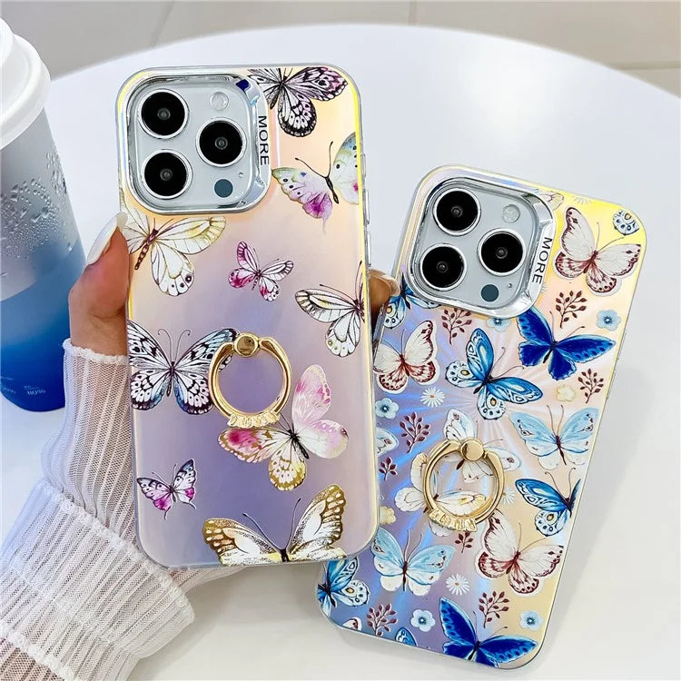 For iPhone 15 Pro Case Laser Texture Electroplating Butterfly Pattern Ring Kickstand Phone Cover