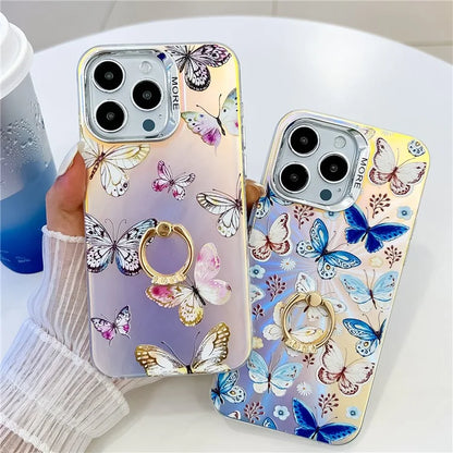 For iPhone 15 Pro Case Laser Texture Electroplating Butterfly Pattern Ring Kickstand Phone Cover
