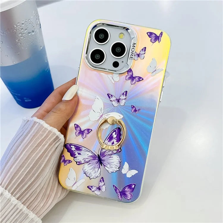 For iPhone 15 Pro Case Laser Texture Electroplating Butterfly Pattern Ring Kickstand Phone Cover