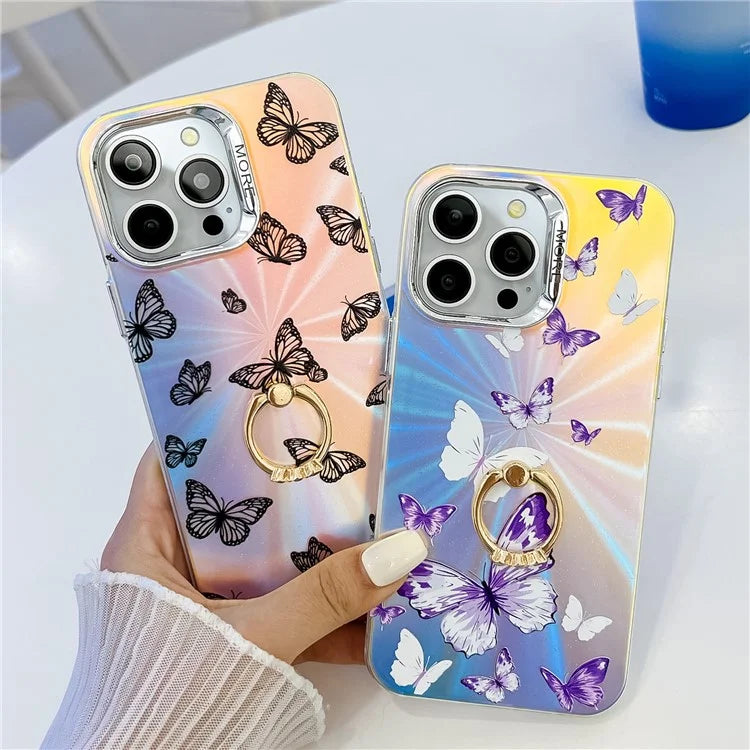 For iPhone 15 Pro Case Laser Texture Electroplating Butterfly Pattern Ring Kickstand Phone Cover