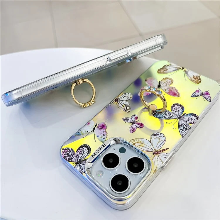 For iPhone 15 Pro Case Laser Texture Electroplating Butterfly Pattern Ring Kickstand Phone Cover