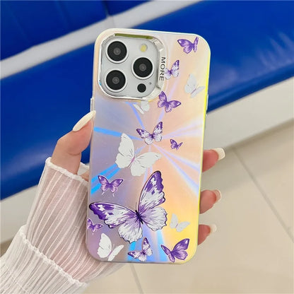 For iPhone 15 Pro Case Electroplating Laser Butterfly Pattern PC+TPU Slim Phone Cover