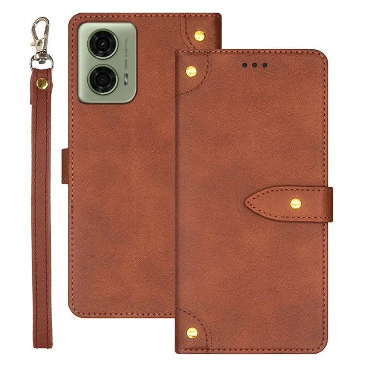 IDEWEI For Motorola Moto E14 4G / G04 4G / G04s 4G / G24 4G Case Leather Phone Cover Gold Button Decor