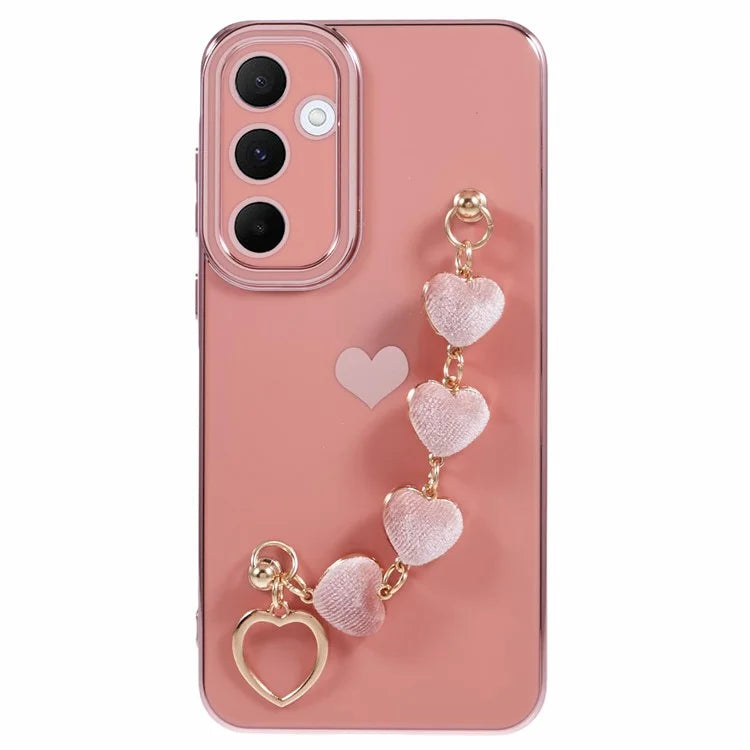 For Samsung Galaxy A13 5G Electroplating Case Phone TPU Cover with Plush Heart Chain Strap