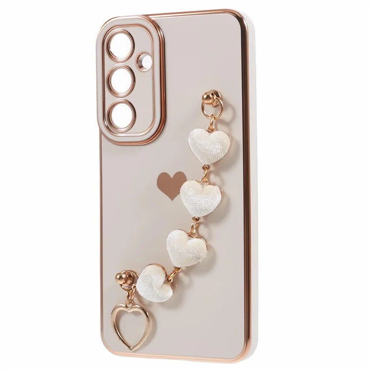 For Samsung Galaxy A13 5G Electroplating Case Phone TPU Cover with Plush Heart Chain Strap