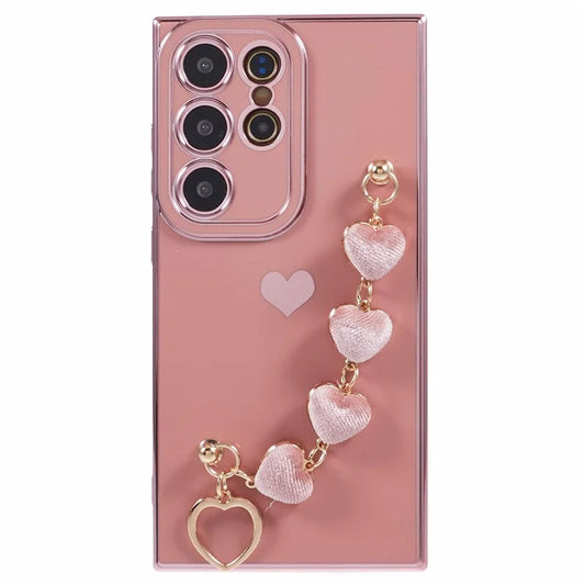 For Samsung Galaxy S22 Ultra 5G Case Heart Pattern Electroplating TPU Cover with Hand Strap