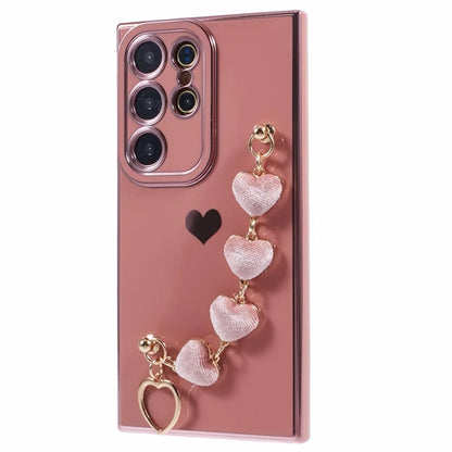For Samsung Galaxy S22 Ultra 5G Case Heart Pattern Electroplating TPU Cover with Hand Strap