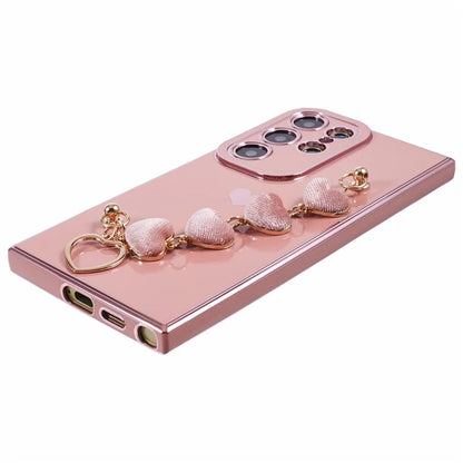 For Samsung Galaxy S22 Ultra 5G Case Heart Pattern Electroplating TPU Cover with Hand Strap