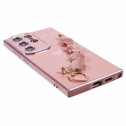 For Samsung Galaxy S22 Ultra 5G Case Heart Pattern Electroplating TPU Cover with Hand Strap