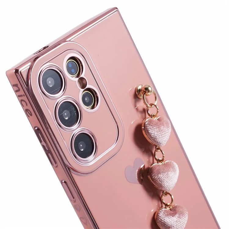 For Samsung Galaxy S22 Ultra 5G Case Heart Pattern Electroplating TPU Cover with Hand Strap
