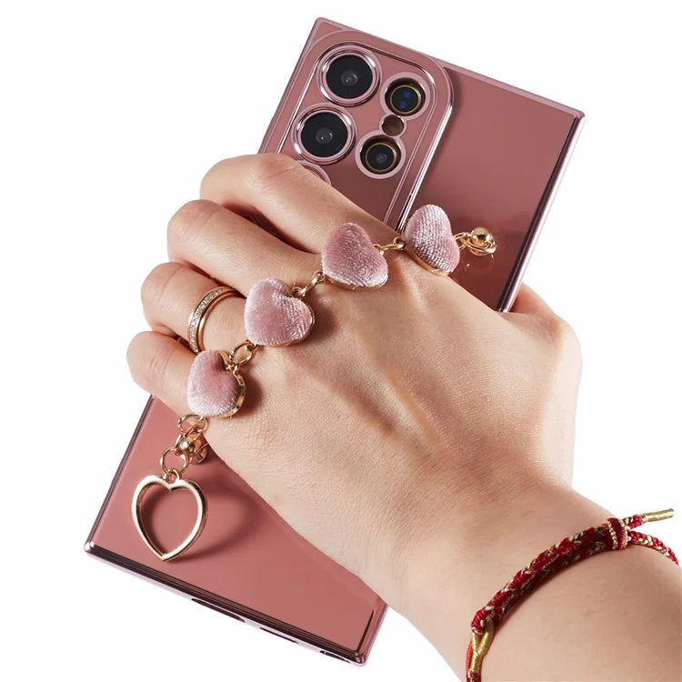 For Samsung Galaxy S22 Ultra 5G Case Heart Pattern Electroplating TPU Cover with Hand Strap