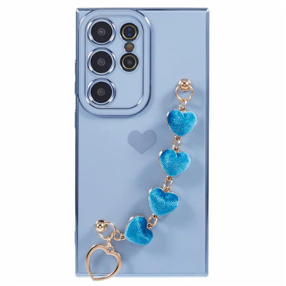 For Samsung Galaxy S22 Ultra 5G Case Heart Pattern Electroplating TPU Cover with Hand Strap